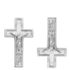 A pair of silver stud earrings designed in the shape of a cross, with one earring facing down and the other facing up.