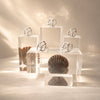 Five silver interlocking knot rings displayed on clear acrylic blocks, with two shells placed inside some blocks, set against a warm beige background with soft light rays.