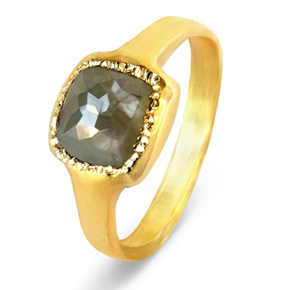 Gold ring with a green gemstone on a white background