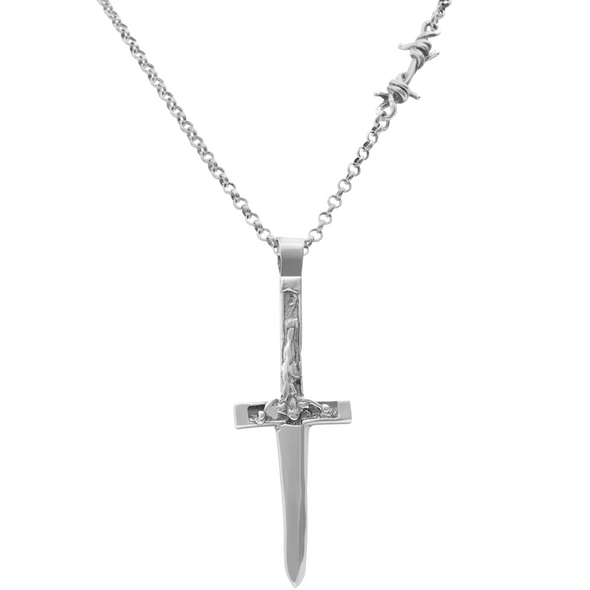 Silver dagger-shaped pendant on a chain against a white background