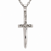 A polished silver sword pendant necklace featuring a detailed hilt with a sculpted figure, suspended from a matching silver link chain against a plain white background.
