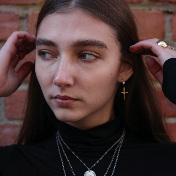 Crucifix Dagger Pearl Stud 14k