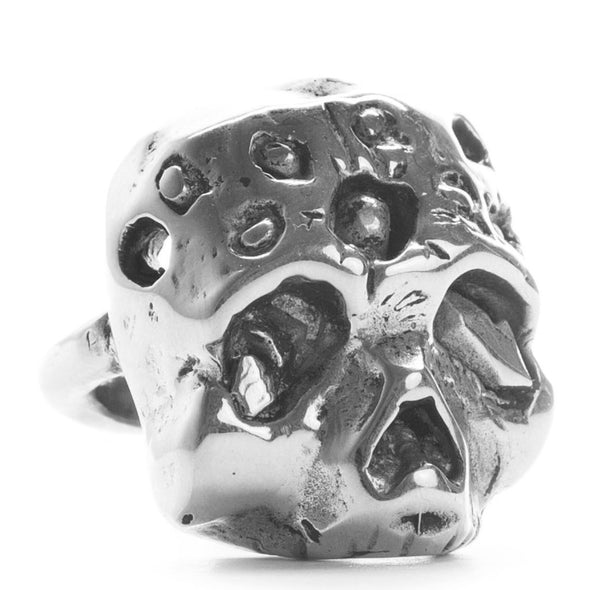 Handmade Sterling Silver ring with a heavy zombie pendant on a heavy band ring