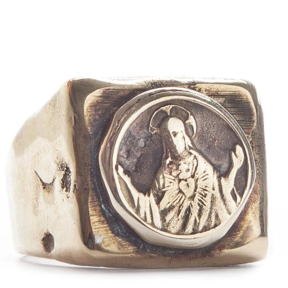 Handmade recycled Brass square face signet ring with a hand carved Saint coin.