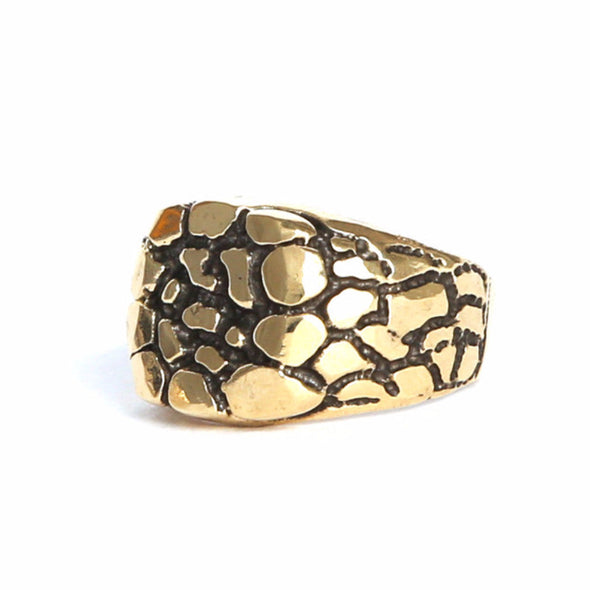 Handmade recycled Brass signet ring with a hammered pebble surface texture.