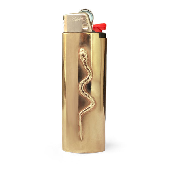 golden brass lighter case for standard bic lighter, with golden snake soldered onto it