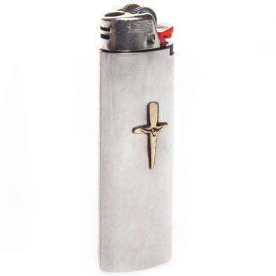 Standard bic Lighter sleeve made from nickel silver sheet, with Britt's handmade sterling Silver Crucifix Dagger pendant soldered onto it