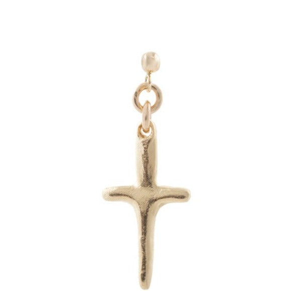 Handmade 14k Gold Plated Cross pendant hanging from a hypoallergenic 14k Gold stud