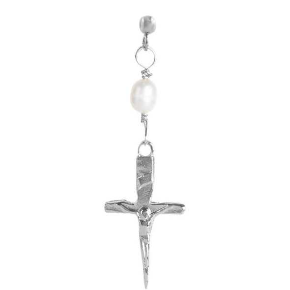 Handmade Sterling Silver crucifix pendant and Freshwater Pearl hanging from a 3MM hypoallergenic Sterling Silver Argentium ball stud.