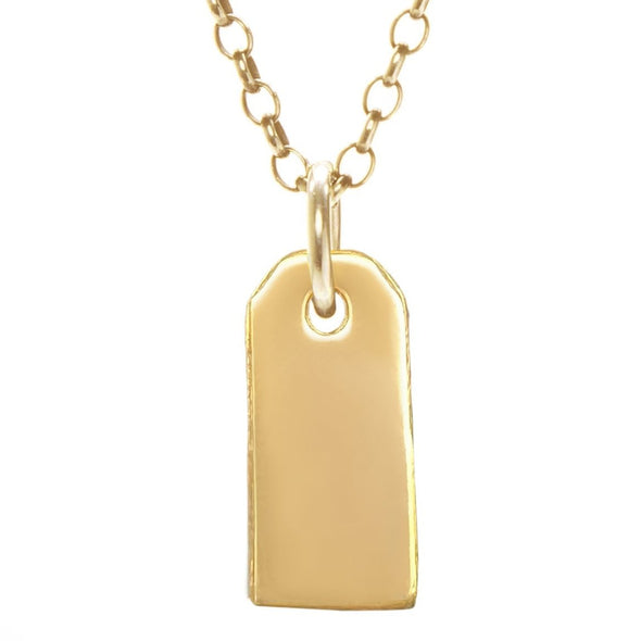 gold gravestone pendant hanging from gold rolo chain