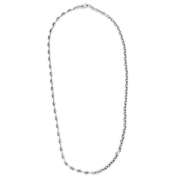 Half Gucci link chain and half classic cable chain necklace in solid sterling silver, shot in white background