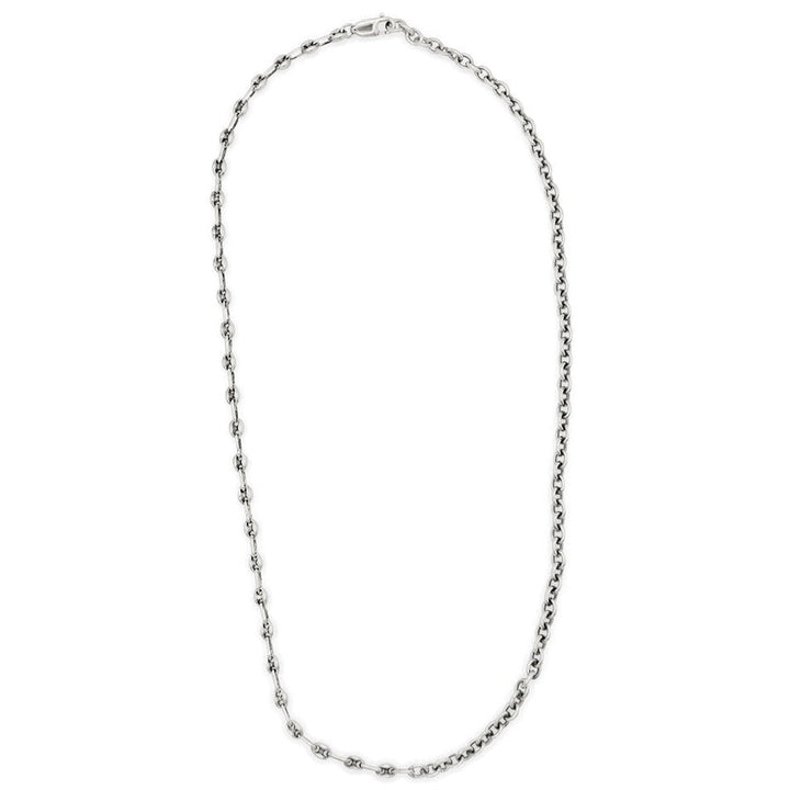 Half Gucci link chain and half classic cable chain necklace in solid sterling silver, shot in white background