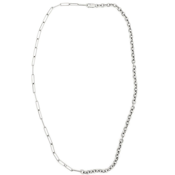 Half mini paperclip link chain and half classic cable chain necklace in solid sterling silver, shot in white backgorund