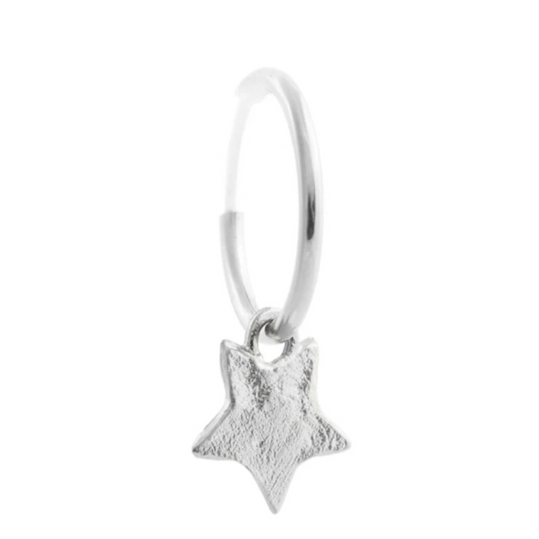 Handmade Sterling Silver star pendant hanging from a hypoallergenic Sterling Silver Argentium hoop.