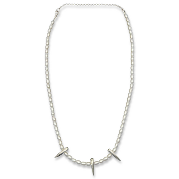 freshwater rice pearls necklace with three sterling silver spikes