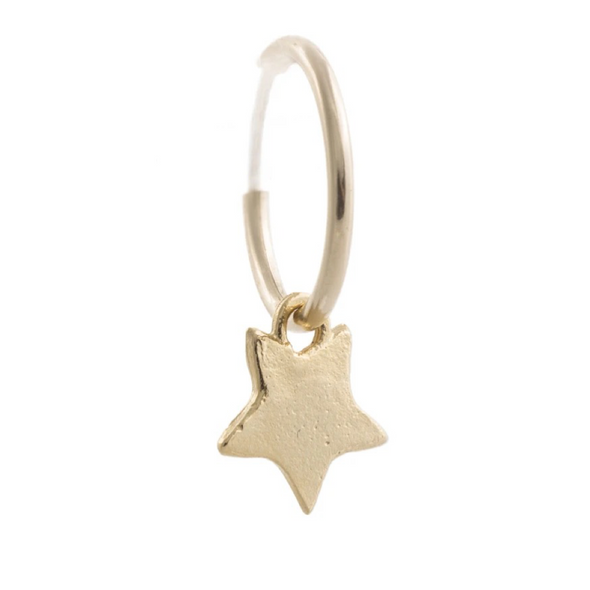star shaped 14k gold pleated pendant hanging from 14k gold filled hoops