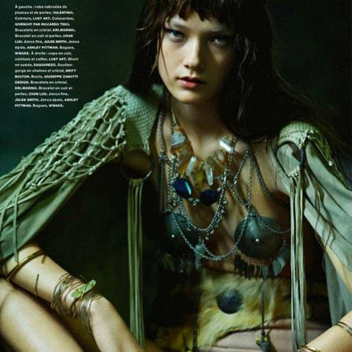 chain bikini from britt by britt bolton jewelry in Numero Magazine made out of Sterling silver, Brass, Deerskin, Cotton cord, Onyx and Stainless Steel