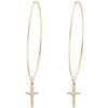 Handmade 14k Gold Plated Cross pendant hanging from a hypoallergenic 14k Gold Filled large hoop.