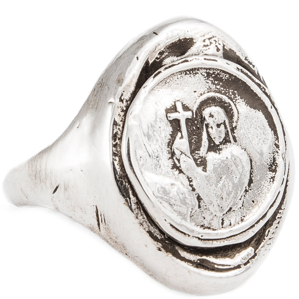 Handmade Sterling Silver oval signet ring with a hand carved Holy Coin ring face.