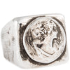 Handmade Sterling Silver signet ring with a maiden coin resting atop the square face of the ring