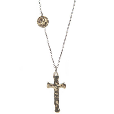 Handmade recycled Brass Cross pendant hanging from a hypoallergenic Sterling Silver Argentium chain detailed with a with a recycled Brass Coin