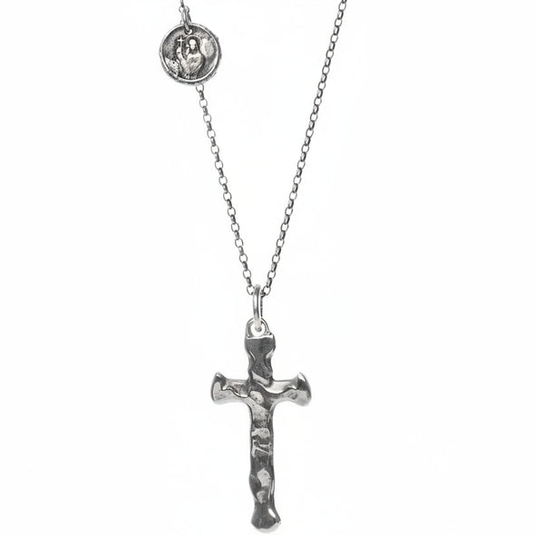Handmade Sterling Silver Cross pendant hanging from a hypoallergenic Sterling Silver Argentium chain detailed with a with a Sterling Silver Coin