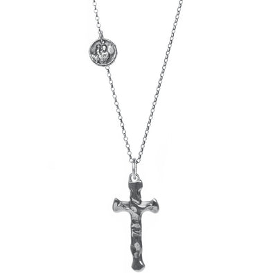 Handmade Sterling Silver Cross pendant hanging from a hypoallergenic Sterling Silver Argentium chain detailed with a with a Sterling Silver Coin