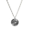 Handmade Sterling Silver Holy Coin hanging from a hypoallergenic Sterling Silver rolo chain. The Holy Coin displays a guardian angel on one side and a saint on the other.