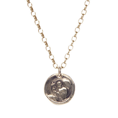 Handmade 14k Gold Plated Holy Coin hanging from a hypoallergenic 14k Gold Filled rolo chain. The Holy Coin displays a guardian angel on one side and a saint on the other.