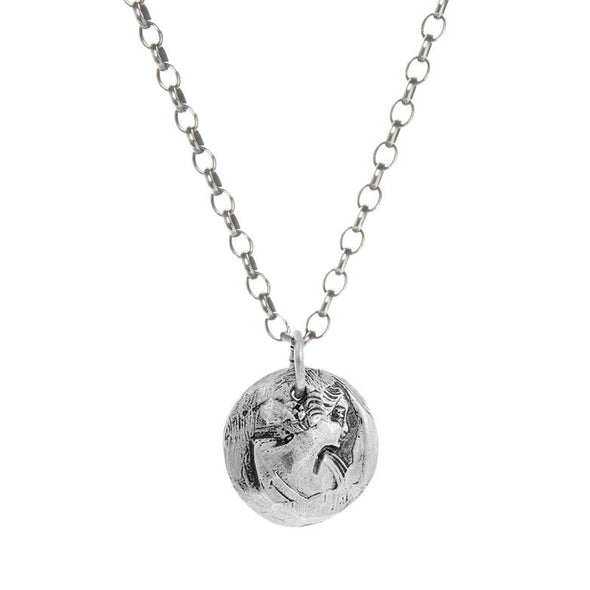 Handmade Sterling Silver bubble coin with a maiden engraving hanging from a hypoallergenic Sterling Silver Argentium chain.