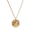 Coin necklace displaying a hand carved Maiden in 14k Gold plated-Brass. hanging from 14k gold filled rolo chain