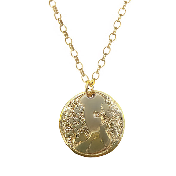 antique style coin in 14k gold hanging from 14k gold filled rolo chain