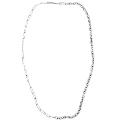 Half mini paperclip link chain and half classic cable chain necklace in solid sterling silver, shot in white backgorund