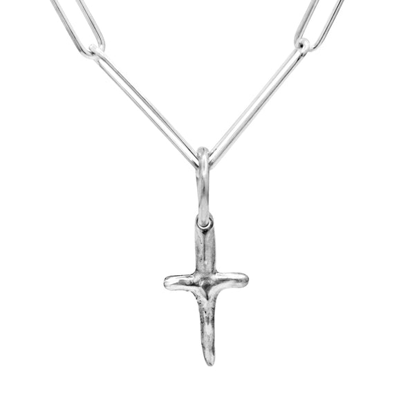 mini Cross pendant handmade from Sterling Silver hanging from a hypoallergenic Sterling Silver paperclip chain