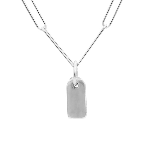 silver gravestone pendant hanging from silver paperclip chain 