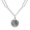 Handmade Sterling Silver Holy Coin hanging from a hypoallergenic Sterling Silver paperclip chain. The Holy Coin displays a guardian angel on one side and a saint on the other.