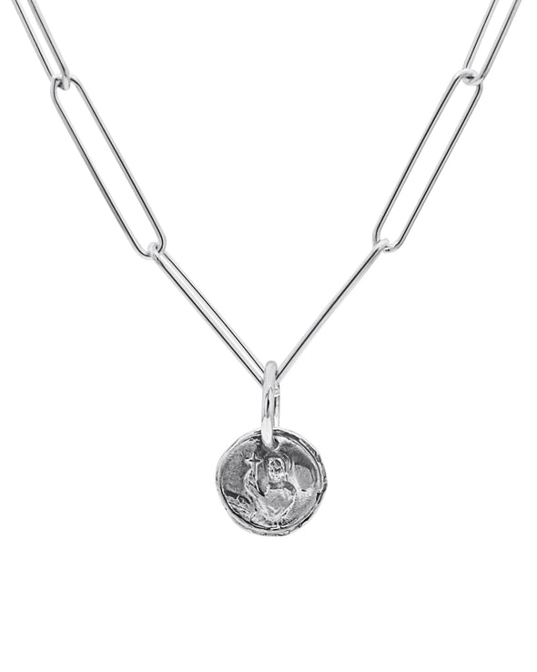 Handmade Sterling Silver Holy Coin hanging from a hypoallergenic Sterling Silver paperclip chain. The Holy Coin displays a guardian angel on one side and a saint on the other.