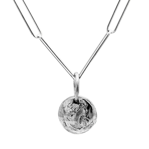 coin with hand carved Maiden in Sterling Silver, hanging from paper clip chain