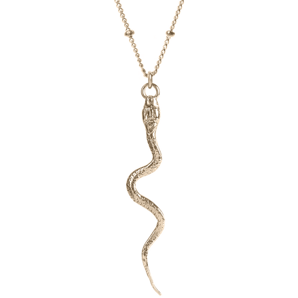 14k gold pleated snake shaped pendant hanging from 14k gold filled beaded chain