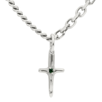 Half Diamond Cut Cable chain and half classic Curb chain necklace  with a cast cross pendant with a Green Garnet gemstone setting