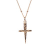 14k gold pleated mini crucifix dagger pendant hanging from 14k gold filled beaded chain