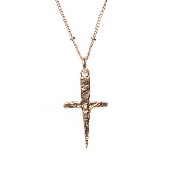 14k gold pleated mini crucifix dagger pendant hanging from 14k gold filled beaded chain