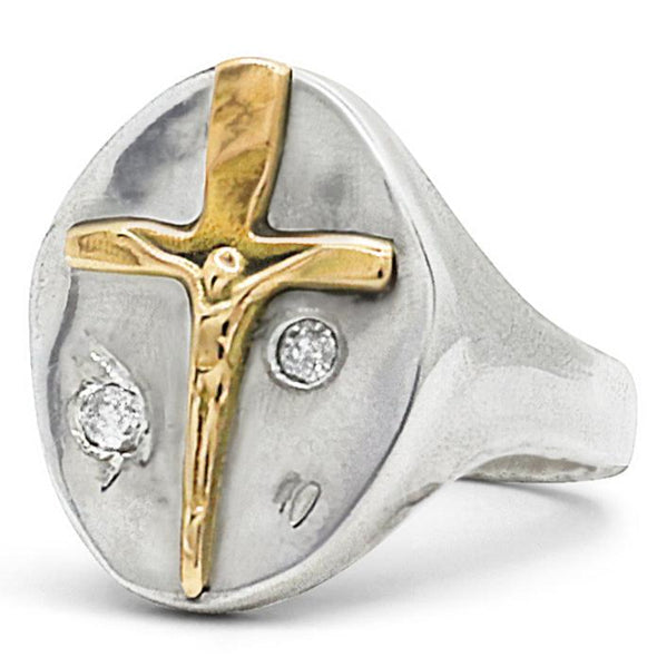  sterling silver oval signet ring with mini crucifix dagger, Cast 14k Yellow Gold soldered onto it, with 2 natural round salt & pepper Diamonds.