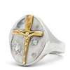  sterling silver oval signet ring with mini crucifix dagger, Cast 14k Yellow Gold soldered onto it, with 2 natural round salt & pepper Diamonds.