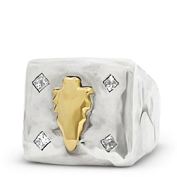  sterling silver square signet ring with 4 natural salt & pepper Square shaped Diamonds and 14k Yellow Gold Arrowhead pendant soldered onto it standing in white background