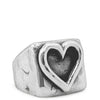 square shaped signet ring with a heart soldered into it, shot in white background