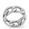 chain link shaped ring in silver shot in white background, with shiny and glossy texture