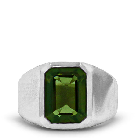 dark green emerald-cut tourmaline set in thick sterling silver signet ring