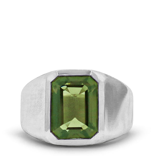 light green emerald-cut tourmaline set in thick sterling silver signet ring