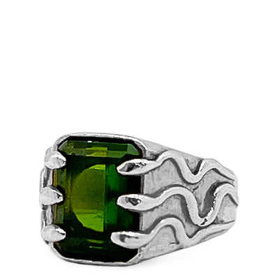 green tourmaline gemstone entrapped by a fleet of snakes signet in sterling silver